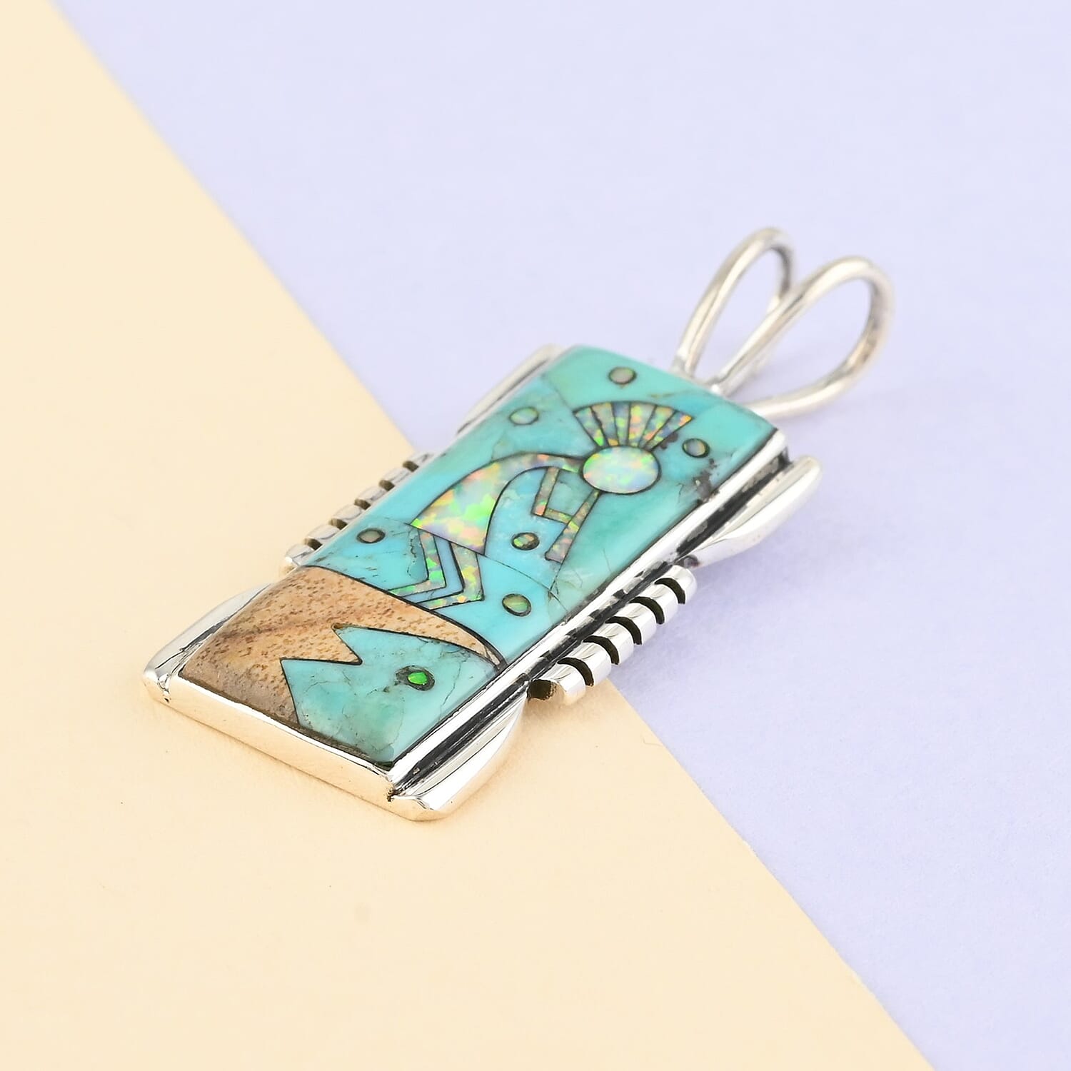 Santa Fe Style Turquoise and Multi Gemstone 0.85 ctw Kokopelli Pendant without Chain in Sterling Silver