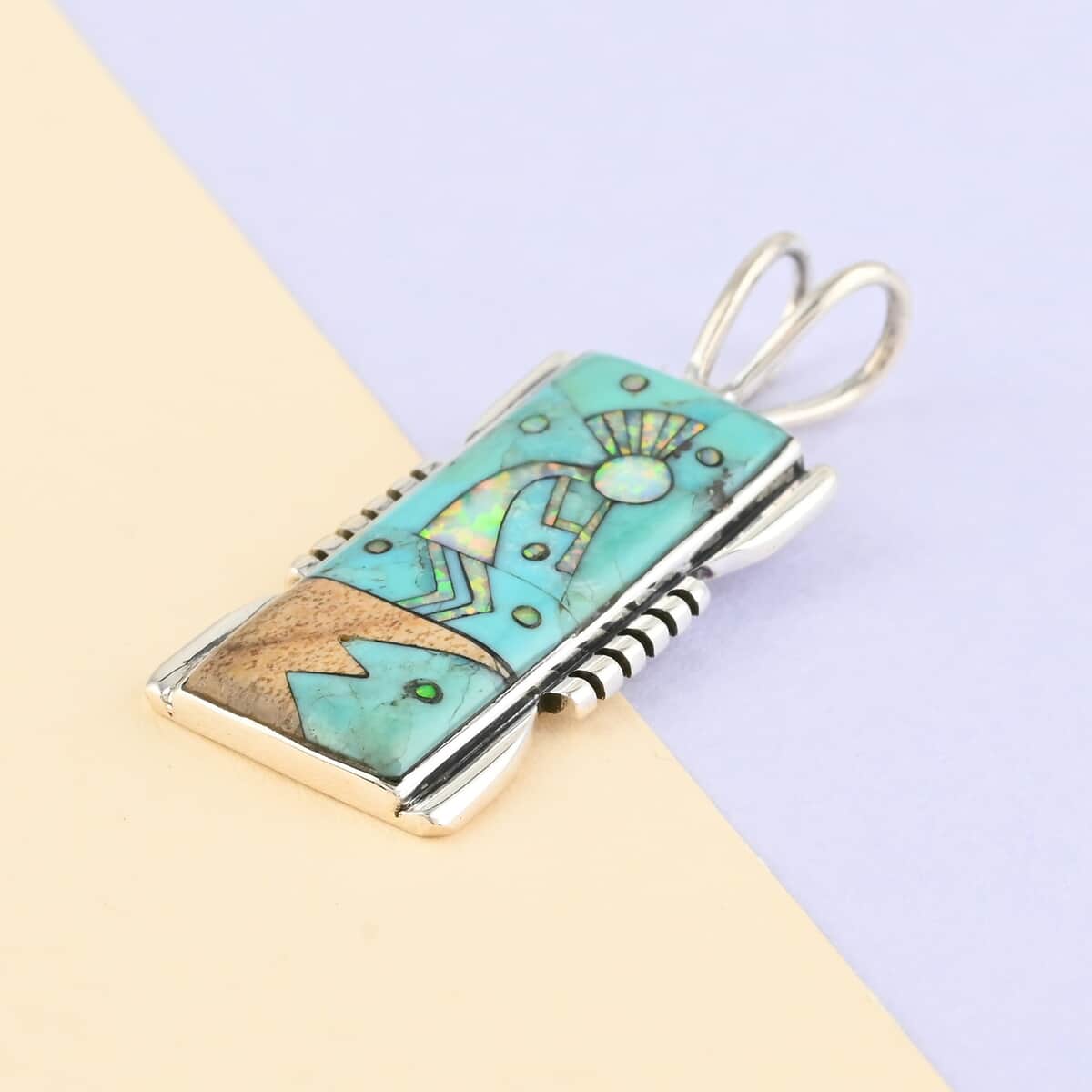 Santa Fe Style Turquoise and Multi Gemstone Kokopelli Pendant in Sterling Silver 0.85 ctw image number 1