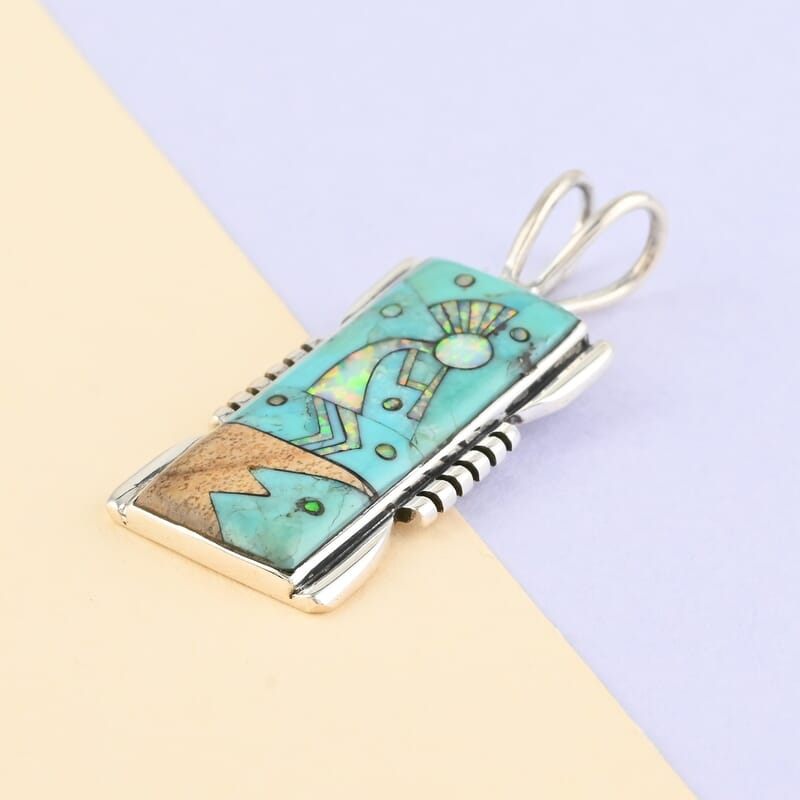 Santa Fe Style Turquoise and Multi Gemstone 0.85 ctw Kokopelli Pendant without Chain in Sterling Silver