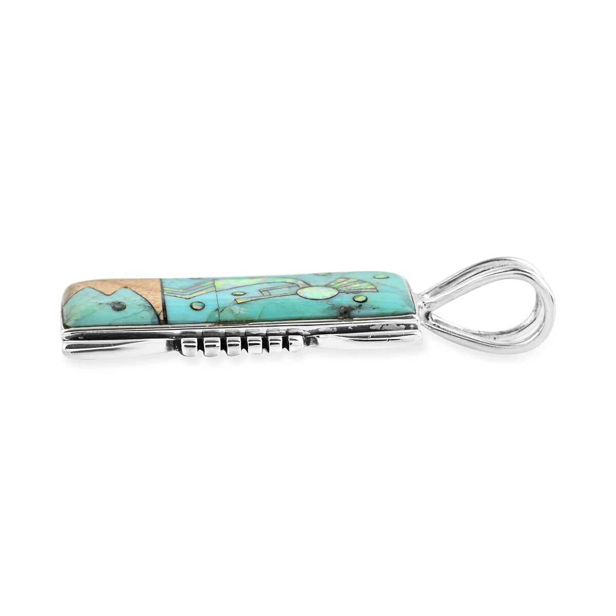 Santa Fe Style Turquoise and Multi Gemstone Kokopelli Pendant in Sterling Silver 0.85 ctw image number 2