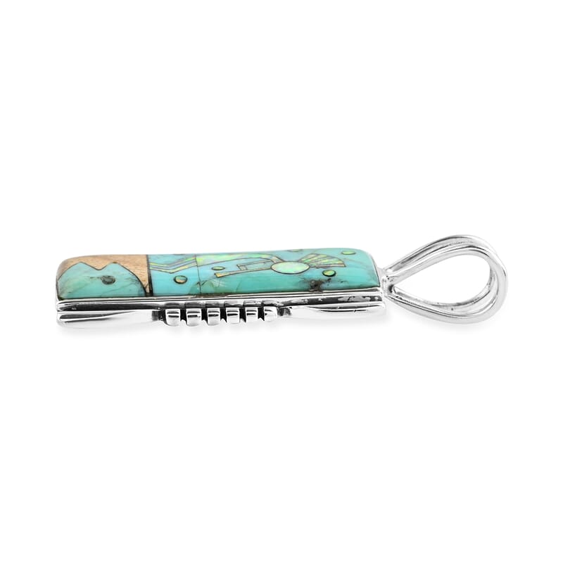 Santa Fe Style Turquoise and Multi Gemstone 0.85 ctw Kokopelli Pendant without Chain in Sterling Silver