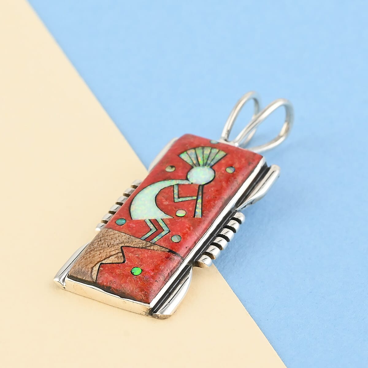 Santa Fe Style Enhanced Coral and Multi Gemstone Kokopelli Pendant in Sterling Silver 0.25 ctw image number 1