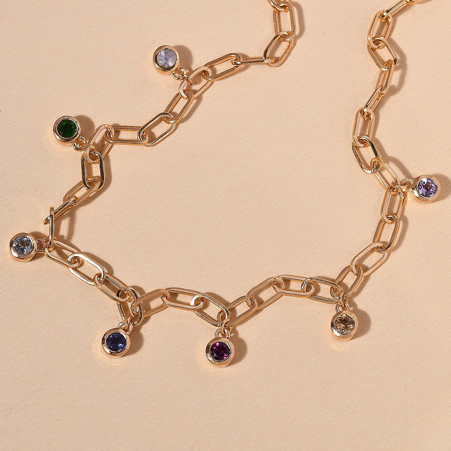 Multi Gemstone Station Necklace 18 Inches in Vermeil Yellow Gold Over Sterling Silver 1.85 ctw