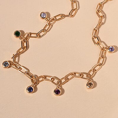 Multi Gemstone Station Necklace 18 Inches in Vermeil Yellow Gold Over Sterling Silver 1.85 ctw