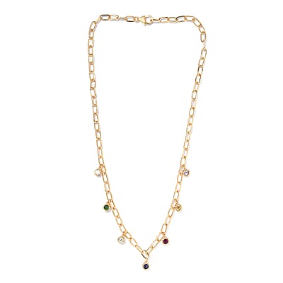 Multi Gemstone Station Necklace 18 Inches in Vermeil Yellow Gold Over Sterling Silver 1.85 ctw