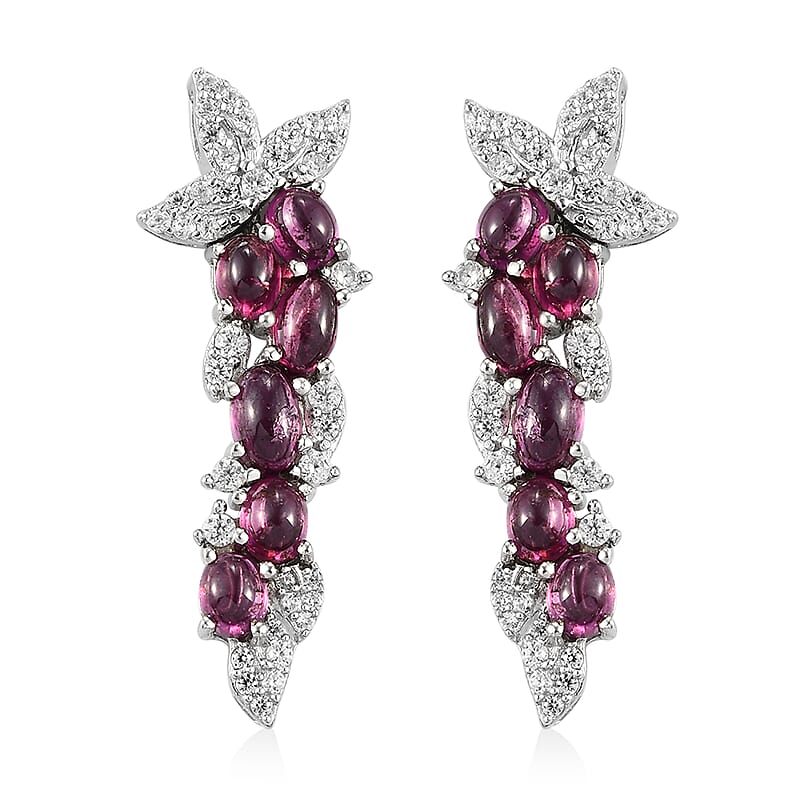 GP Italian Garden Collection Orissa Rhodolite Garnet and White Zircon Dangling Earrings in Platinum Over Sterling Silver 4.40 ctw