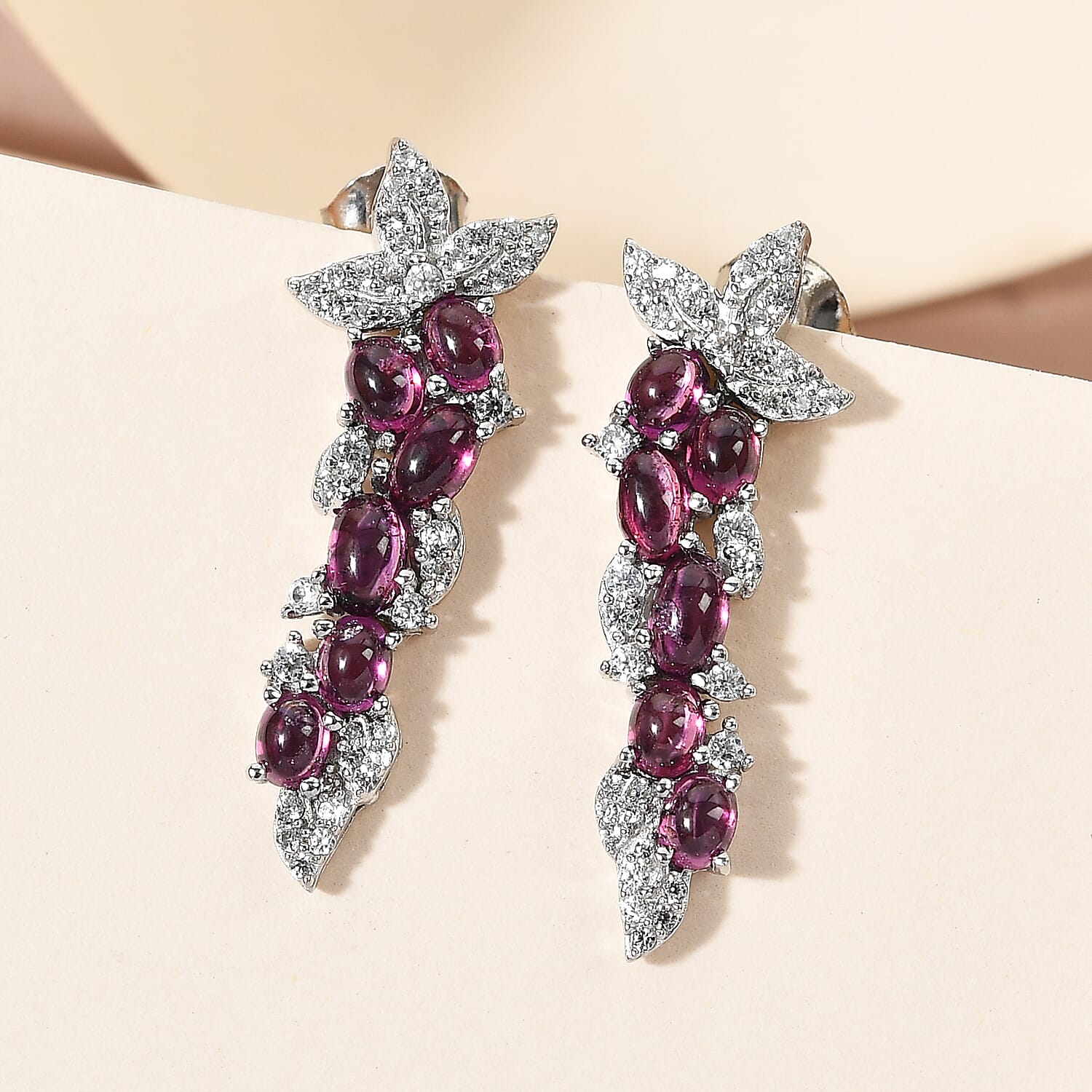 GP Italian Garden Collection Orissa Rhodolite Garnet and White Zircon Dangling Earrings in Platinum Over Sterling Silver 4.40 ctw