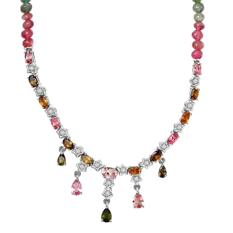 GP Italian Garden Collection Multi-Tourmaline Necklace ,Multi Gemstone Necklace ,Platinum Over Sterling Silver Necklace , 18 Inch Necklace 56.85 ctw
