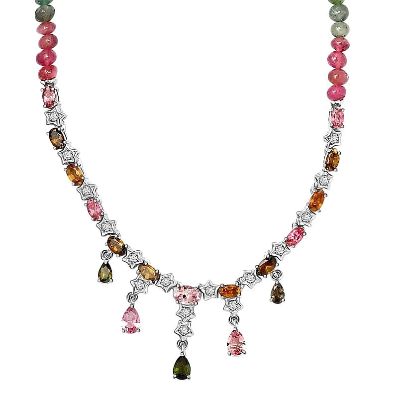 GP Italian Garden Collection Multi-Tourmaline Necklace ,Multi Gemstone Necklace ,Platinum Over Sterling Silver Necklace , 18 Inch Necklace 56.85 ctw