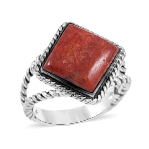 Santa Fe Style Enhanced Red Coral Split Ring in Sterling Silver (Size 7.0)