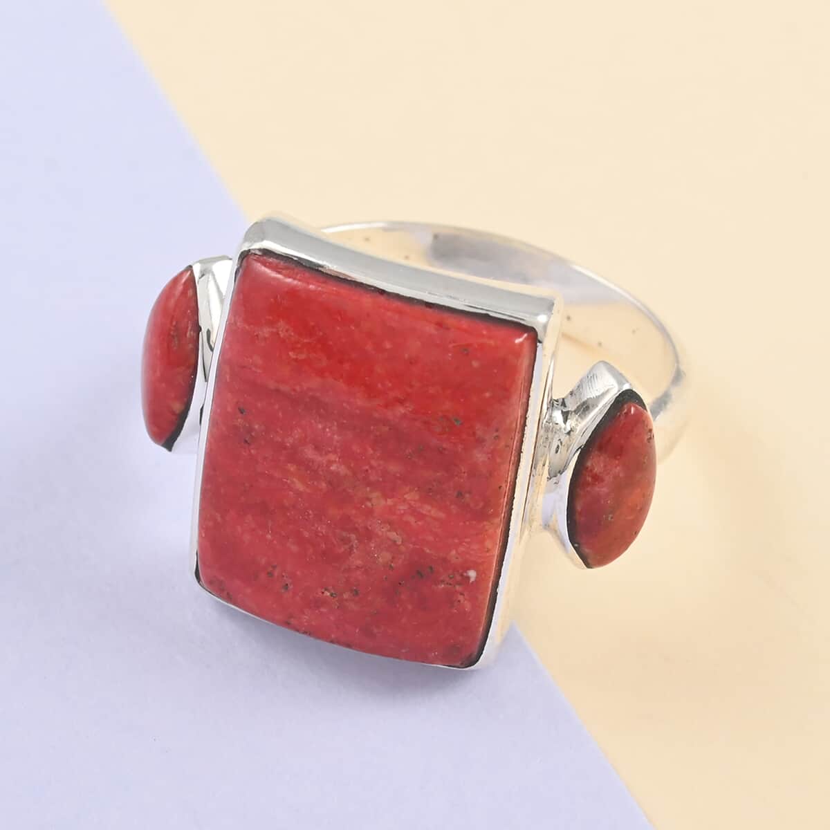 Santa Fe Style Enhanced Red Coral Ring in Sterling Silver (Size 7.0) image number 1