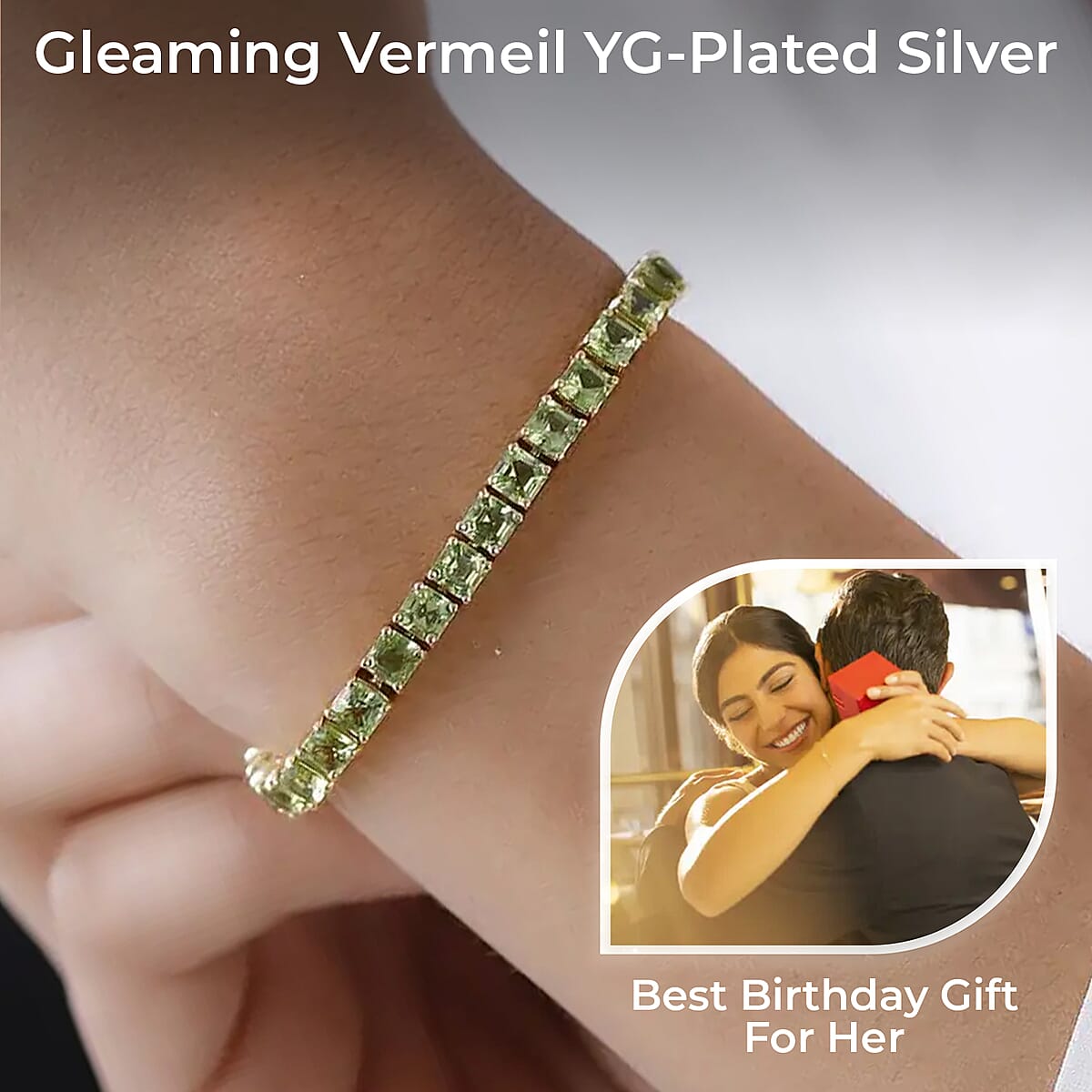 Asscher Cut Arizona Peridot Tennis Bracelet, Vermeil Yellow Gold Over Sterling Silver Bracelet, Peridot Bracelet, Gifts For Her (8.00 In) 14.75 ctw image number 2