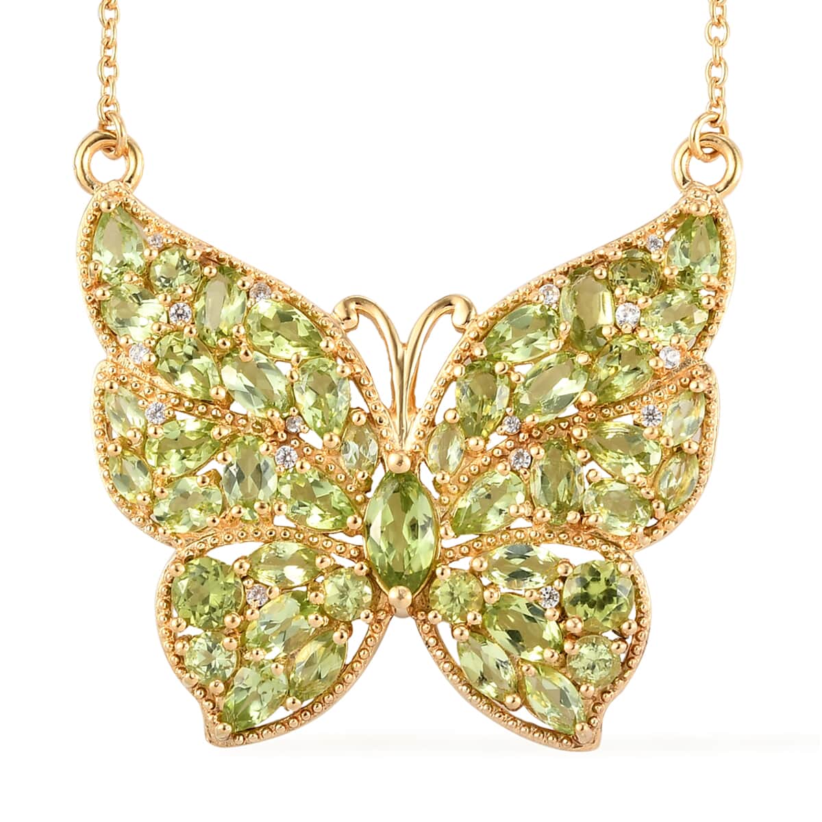 Arizona Peridot and Natural White Zircon Butterfly Necklace 18 Inches in Vermeil YG Over Sterling Silver 9.10 ctw image number 0