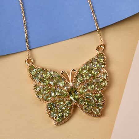 Arizona Peridot and Natural White Zircon Butterfly Necklace 18 Inches in Vermeil YG Over Sterling Silver 9.10 ctw image number 1