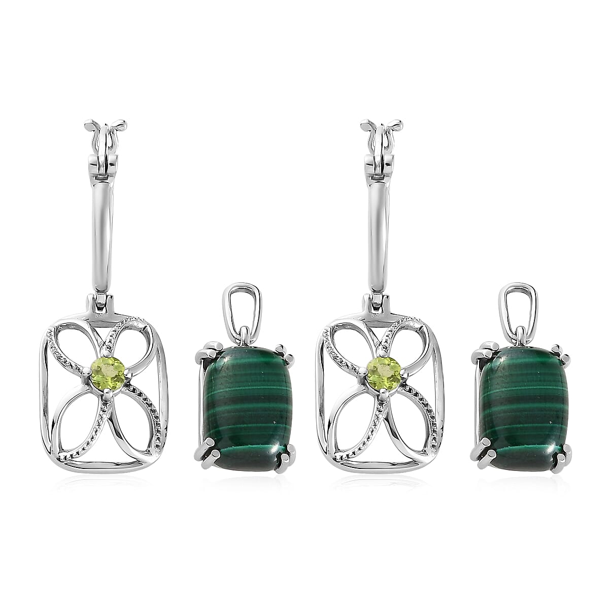 African Malachite, Peridot Multi Wear Earrings in Stainless Steel 17.40 ctw | Tarnish-Free, Waterproof, Sweat Proof Jewelry