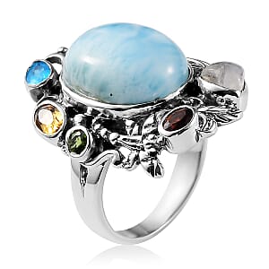 Artisan Crafted Larimar and Multi Gemstone Fancy Ring in Sterling Silver (Size 10.0) 11.15 ctw