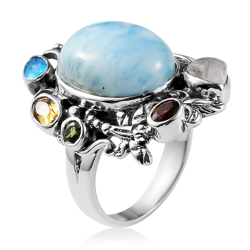Artisan Crafted Larimar and Multi Gemstone Fancy Ring in Sterling Silver (Size 10.0) 11.15 ctw