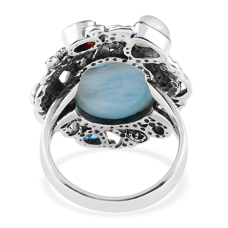 Artisan Crafted Larimar and Multi Gemstone Fancy Ring in Sterling Silver (Size 10.0) 11.15 ctw