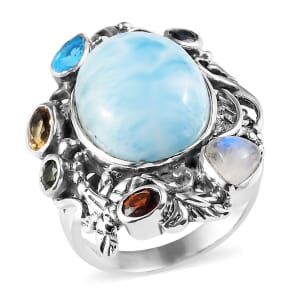 Artisan Crafted Larimar and Multi Gemstone Fancy Ring in Sterling Silver (Size 8.0) 11.15 ctw