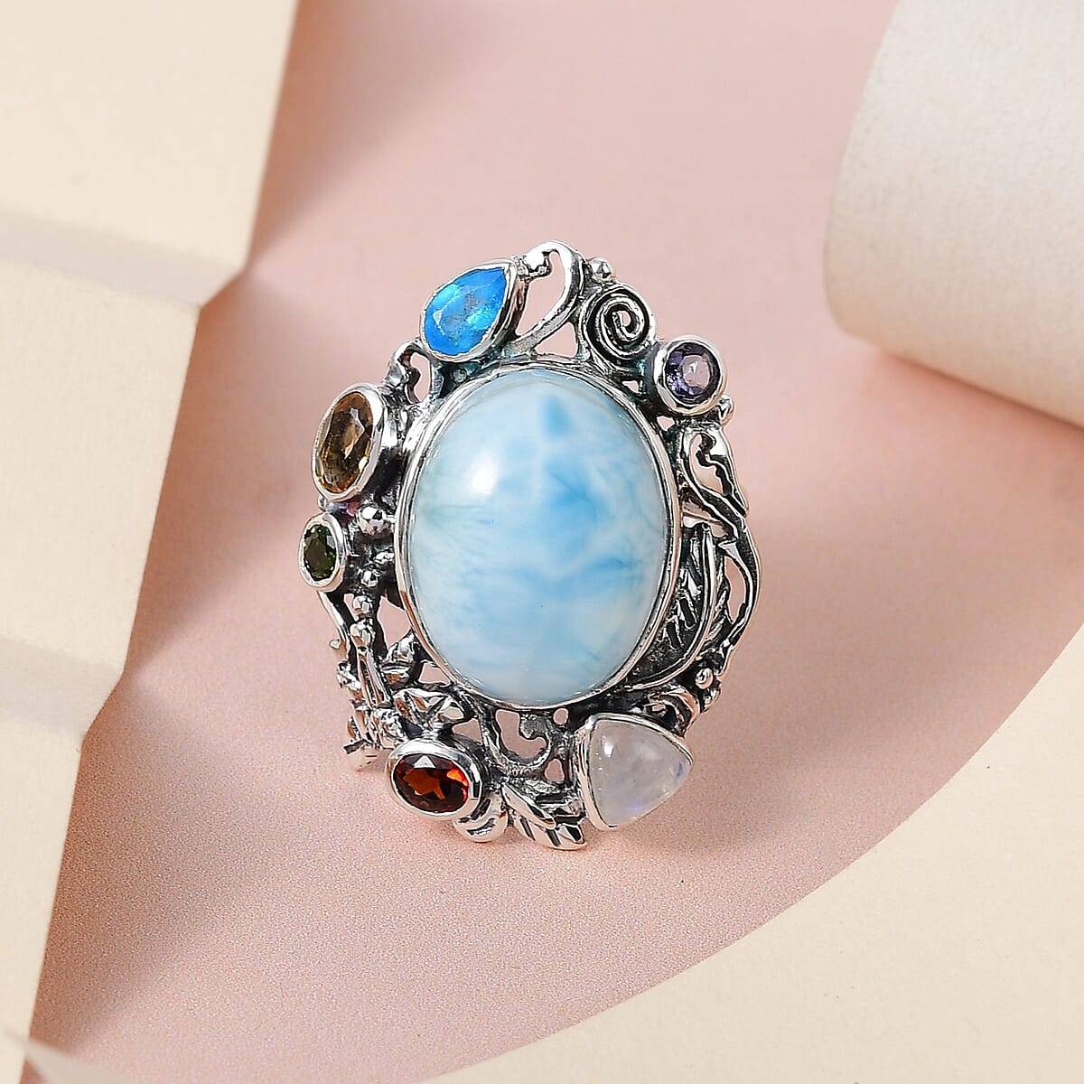 Artisan Crafted Larimar and Multi Gemstone Fancy Ring in Sterling Silver (Size 8.0) 11.15 ctw image number 1