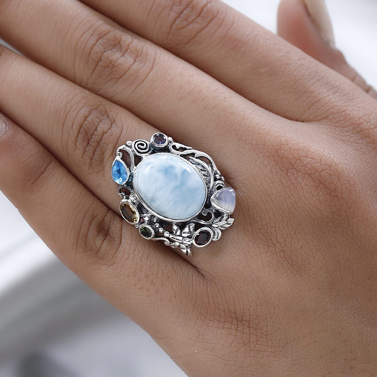 Artisan Crafted Larimar and Multi Gemstone Fancy Ring in Sterling Silver (Size 8.0) 11.15 ctw image number 2
