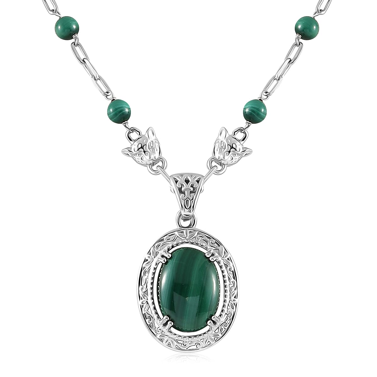 Karis African Malachite Paper Clip Chain Fancy Necklace 18 Inches in Platinum Bond 27.65 ctw