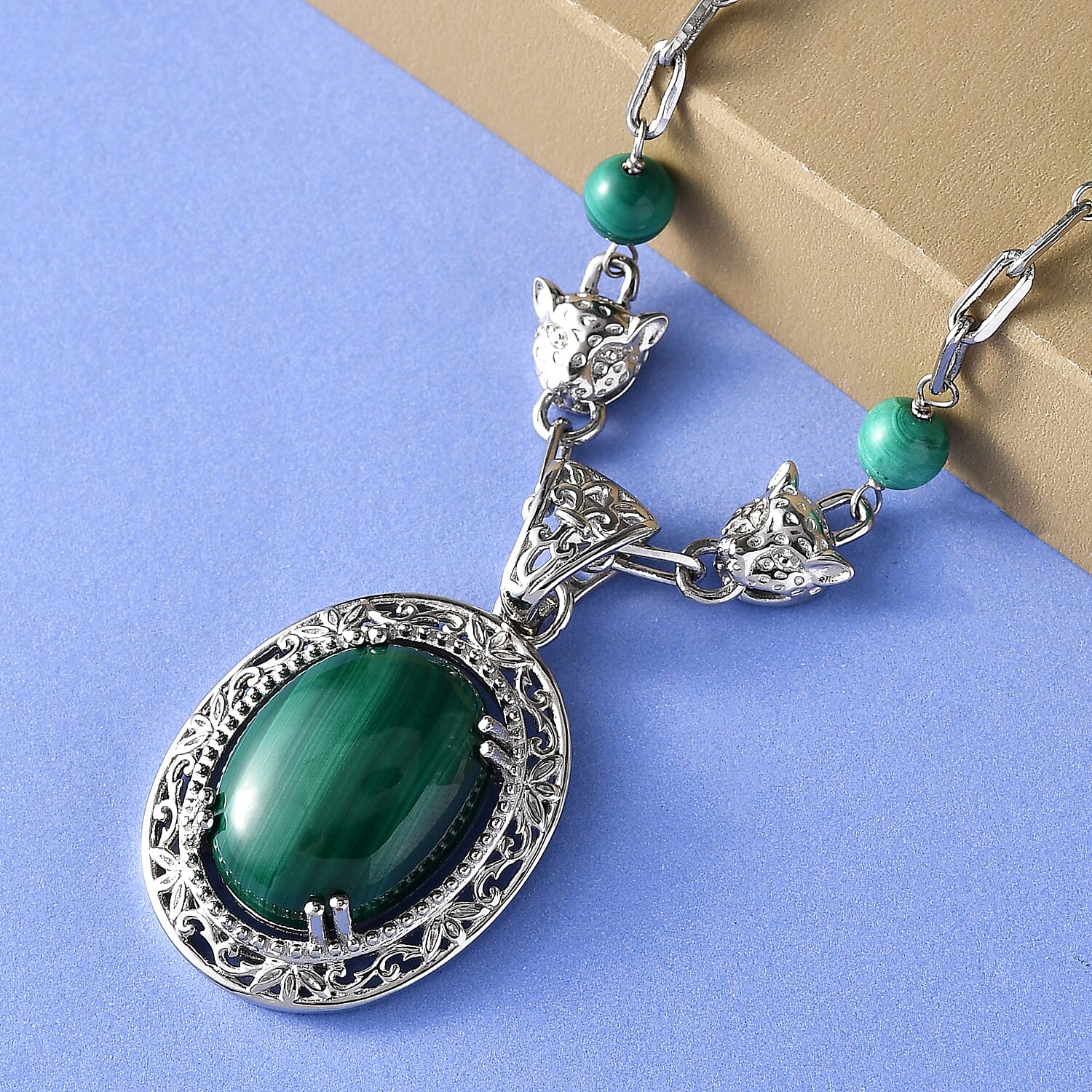 Karis African Malachite Paper Clip Chain Fancy Necklace 18 Inches in Platinum Bond 27.65 ctw