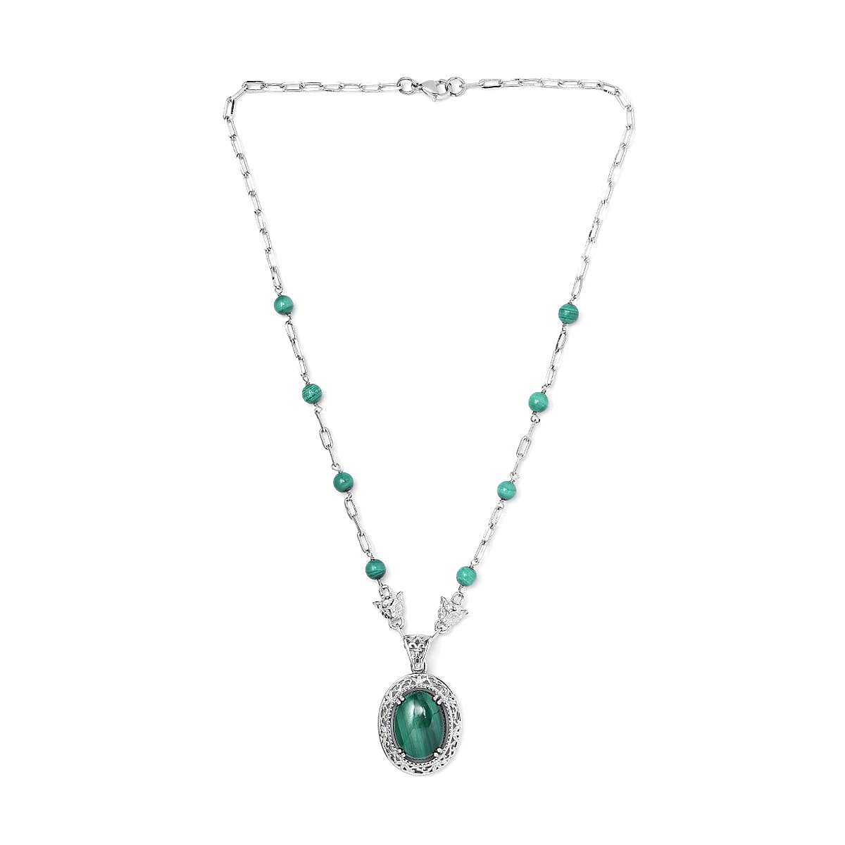 Karis African Malachite Paper Clip Chain Fancy Necklace 18 Inches in Platinum Bond 27.65 ctw