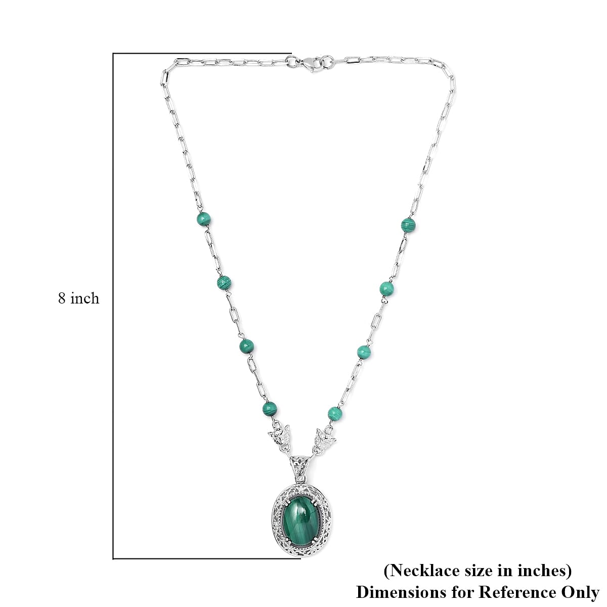 Karis African Malachite Paper Clip Chain Fancy Necklace 18 Inches in Platinum Bond 27.65 ctw