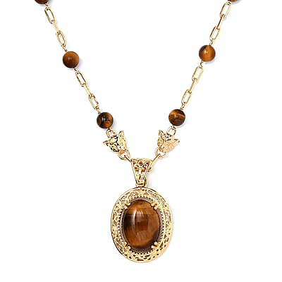 EverTrue Tiger's Eye Paper Clip Chain Fancy Necklace 18 Inches in 18K YG Plated 23.00 ctw