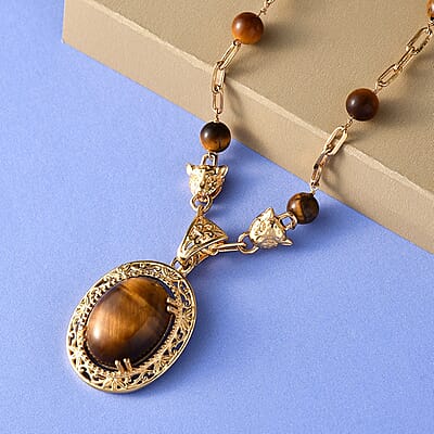 EverTrue Tiger's Eye Paper Clip Chain Fancy Necklace 18 Inches in 18K YG Plated 23.00 ctw