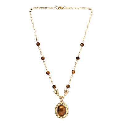 EverTrue Tiger's Eye Paper Clip Chain Fancy Necklace 18 Inches in 18K YG Plated 23.00 ctw