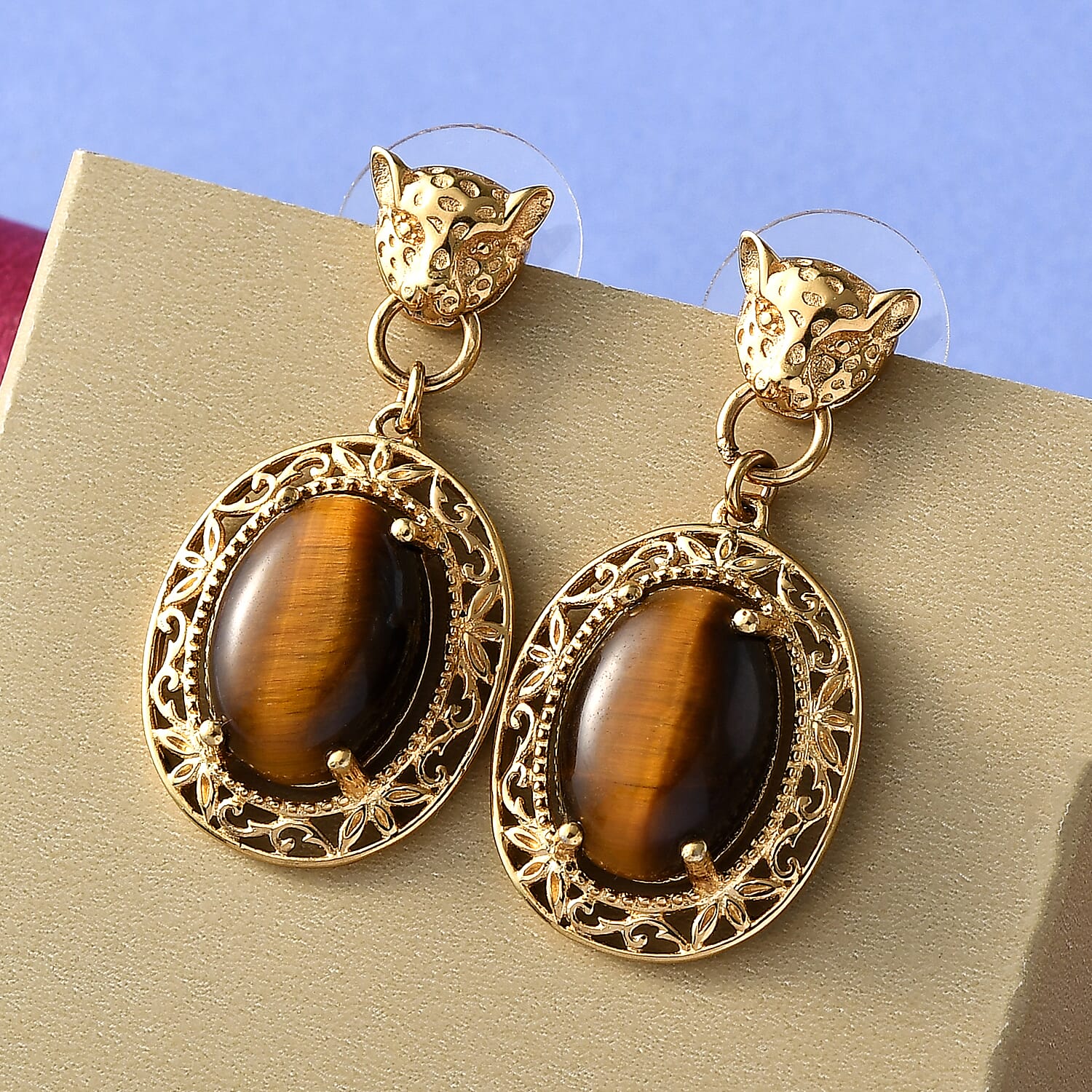 Karis South African Tiger's Eye Drop Earrings in 18K YG Plated 12.35 ctw