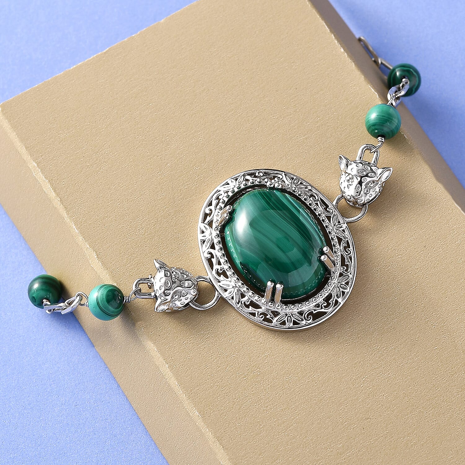 Karis African Malachite Paper Clip Chain Toggle Clasp Adjustable Bracelet in Platinum Bond (6.50-8.50In) 25.50 ctw