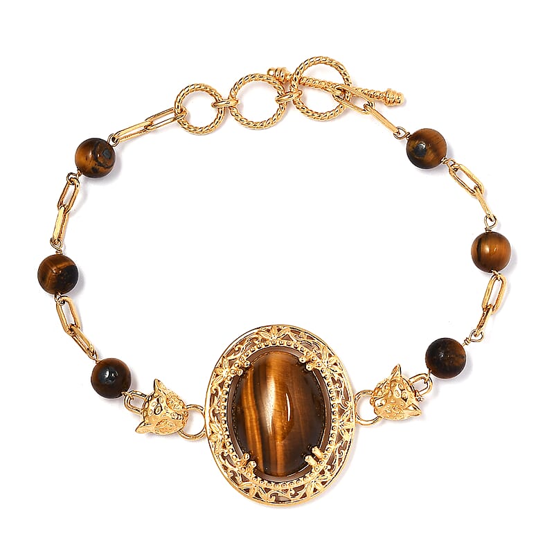 Karis South African Tiger's Eye Paper Clip Chain Toggle Clasp Adjustable Bracelet in 18K YG Plated (6.50-8.50In) 26.90 ctw