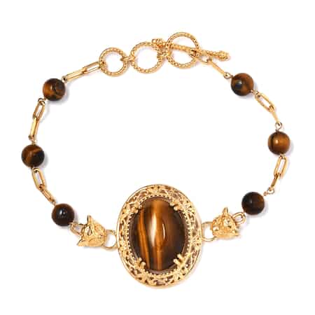 Karis South African Tiger's Eye Paper Clip Chain Toggle Clasp Adjustable Bracelet in 18K YG Plated (6.50-8.50In) 26.90 ctw image number 0