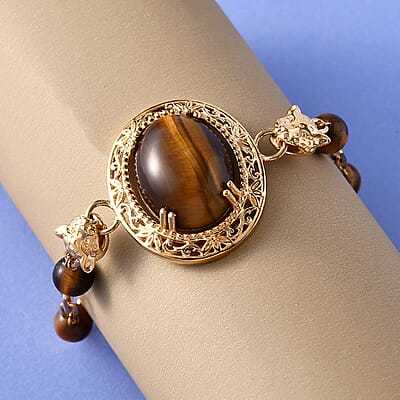 Karis South African Tiger's Eye Paper Clip Chain Toggle Clasp Adjustable Bracelet in 18K YG Plated (6.50-8.50In) 26.90 ctw