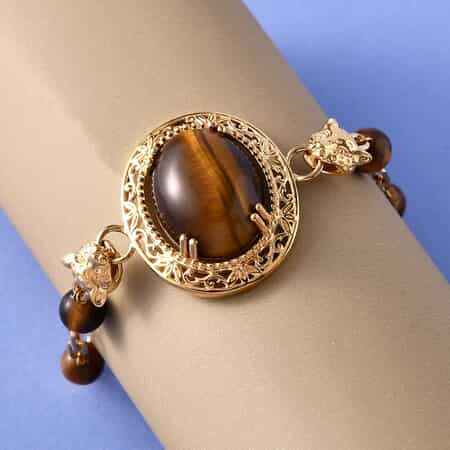 Karis South African Tiger's Eye Paper Clip Chain Toggle Clasp Adjustable Bracelet in 18K YG Plated (6.50-8.50In) 26.90 ctw image number 1