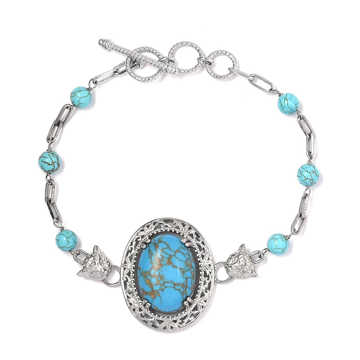 Karis Mojave Blue Turquoise Paper Clip Chain Toggle Clasp Adjustable Bracelet in Platinum Bond (6.50-8.50In) 20.75 ctw image number 0