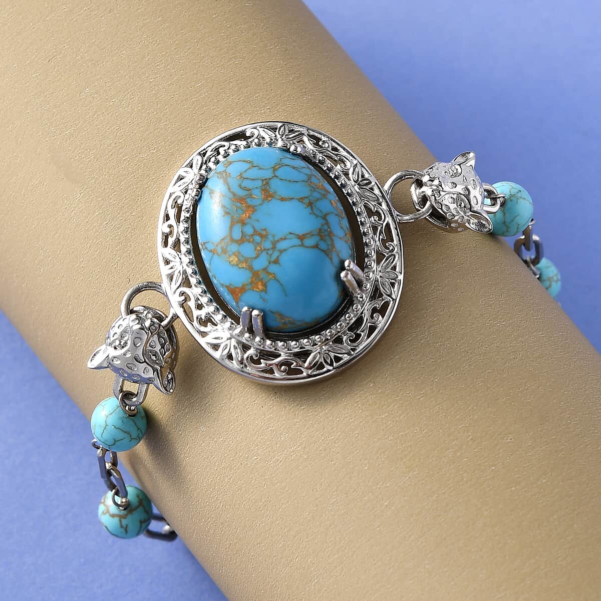 Karis Mojave Blue Turquoise Paper Clip Chain Toggle Clasp Adjustable Bracelet in Platinum Bond (6.50-8.50In) 20.75 ctw image number 1