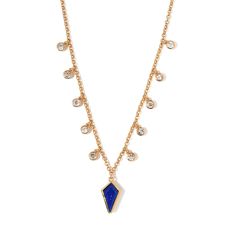 Statement Kite Lapis Lazuli and Dainty White Topaz Station Necklace 18 Inches in Vermeil Yellow Gold Over Sterling Silver 13.15 Grams 6.75 ctw