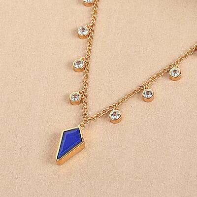 Statement Kite Lapis Lazuli and Dainty White Topaz Station Necklace 18 Inches in Vermeil Yellow Gold Over Sterling Silver 13.15 Grams 6.75 ctw