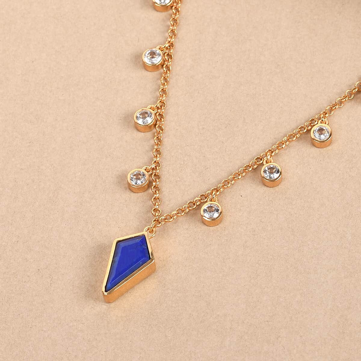 Statement Kite Lapis Lazuli and Dainty White Topaz Station Necklace 18 Inches in Vermeil Yellow Gold Over Sterling Silver 13.15 Grams 6.75 ctw image number 1
