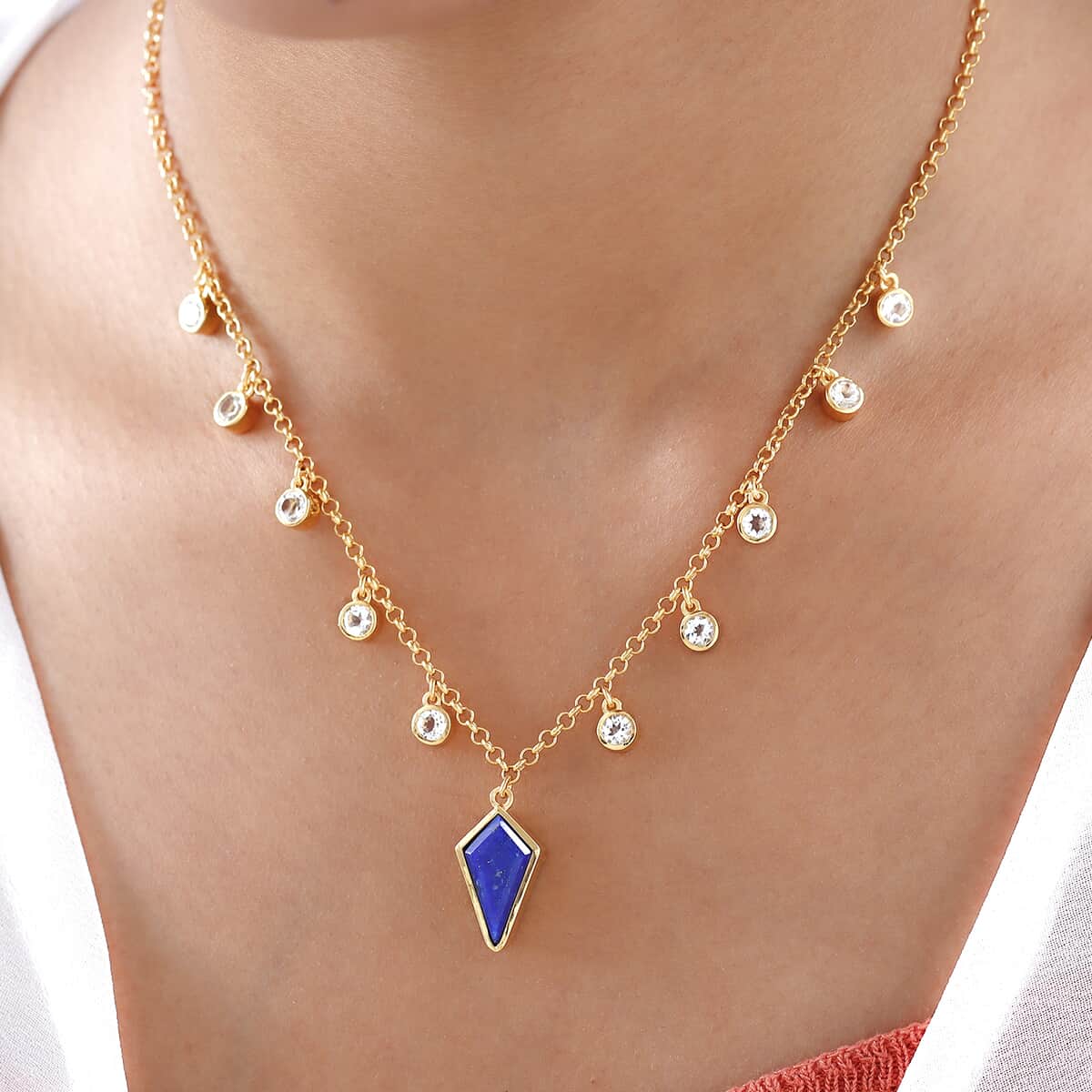 Statement Kite Lapis Lazuli and Dainty White Topaz Station Necklace 18 Inches in Vermeil Yellow Gold Over Sterling Silver 13.15 Grams 6.75 ctw image number 2