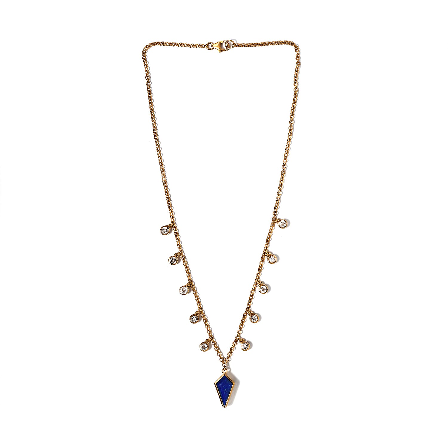 Statement Kite Lapis Lazuli and Dainty White Topaz Station Necklace 18 Inches in Vermeil Yellow Gold Over Sterling Silver 13.15 Grams 6.75 ctw