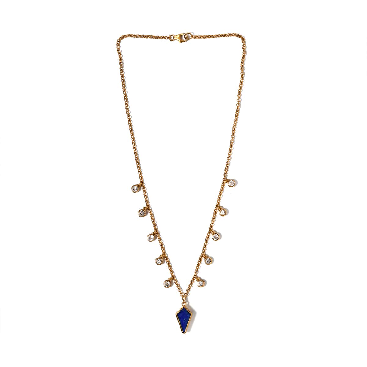 Statement Kite Lapis Lazuli and Dainty White Topaz Station Necklace 18 Inches in Vermeil Yellow Gold Over Sterling Silver 13.15 Grams 6.75 ctw image number 3
