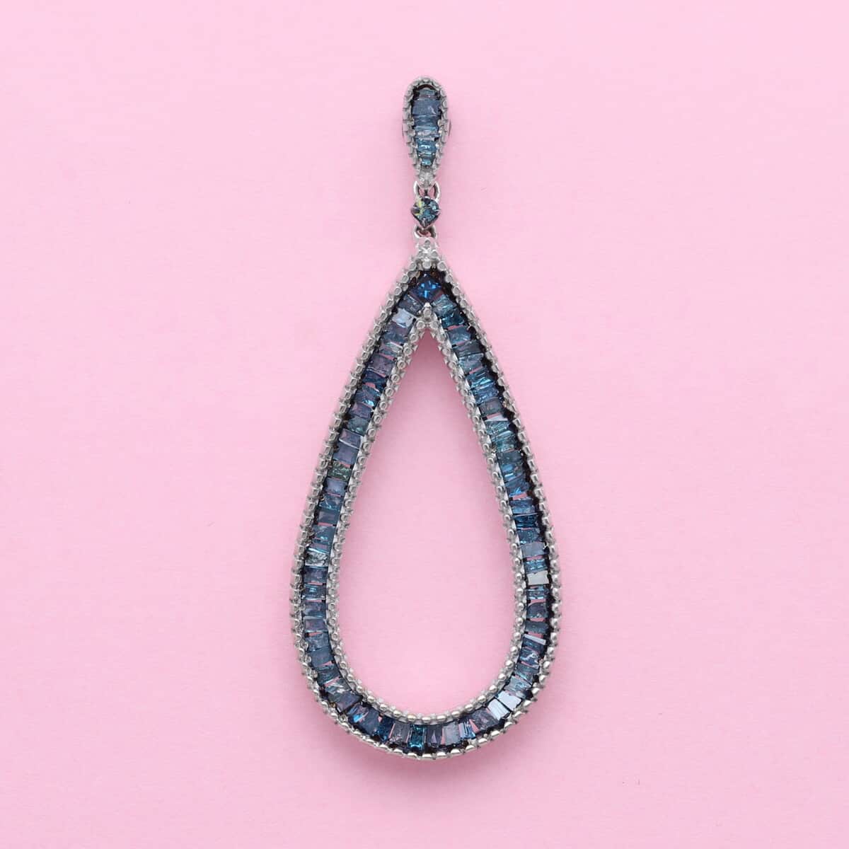 Blue Diamond Drop Pendant in Rhodium & Platinum Over Sterling Silver 1.00 ctw image number 1
