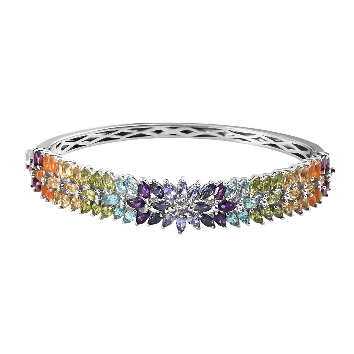 Multi Gemstone Floral Spray Bangle Bracelet in Platinum Over Sterling Silver (7.25 In) 22.40 Grams 11.30 ctw image number 0