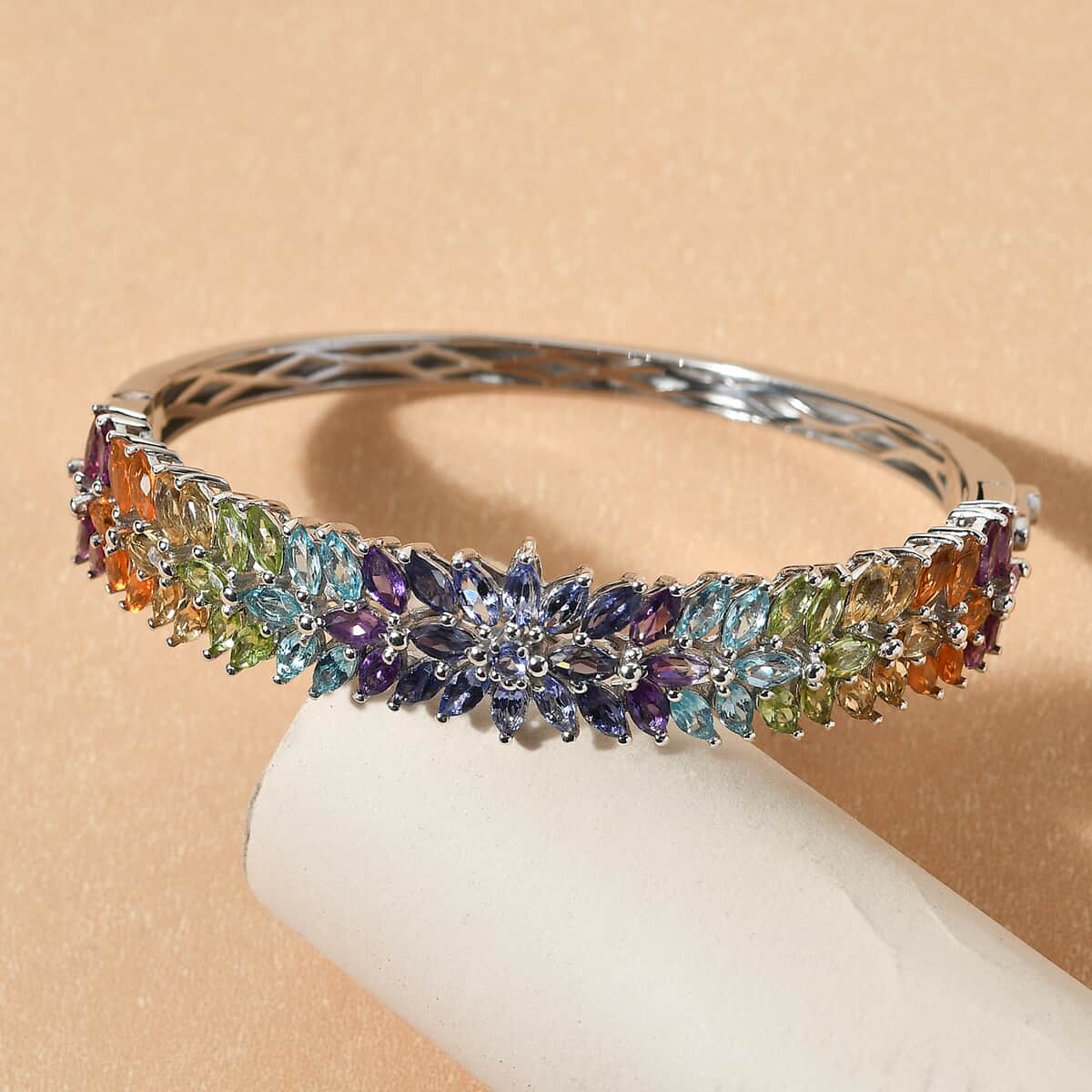 Floral Spray Multi-gemstone Bangle Bracelet For Women in Platinum Plated Sterling Silver with Push Clasp 7.5 Inches image number 1