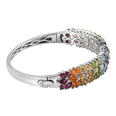 Floral Spray Multi-gemstone 11.30 ctw Bangle Bracelet For Women in Platinum Plated Sterling Silver with Push Clasp 7.5 Inches